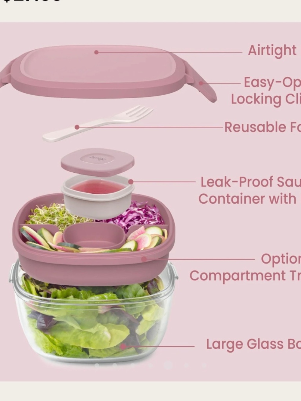 🥬Bentgo Glass All-In-One Salad Container - Rose🥬 - Picture 3 of 8